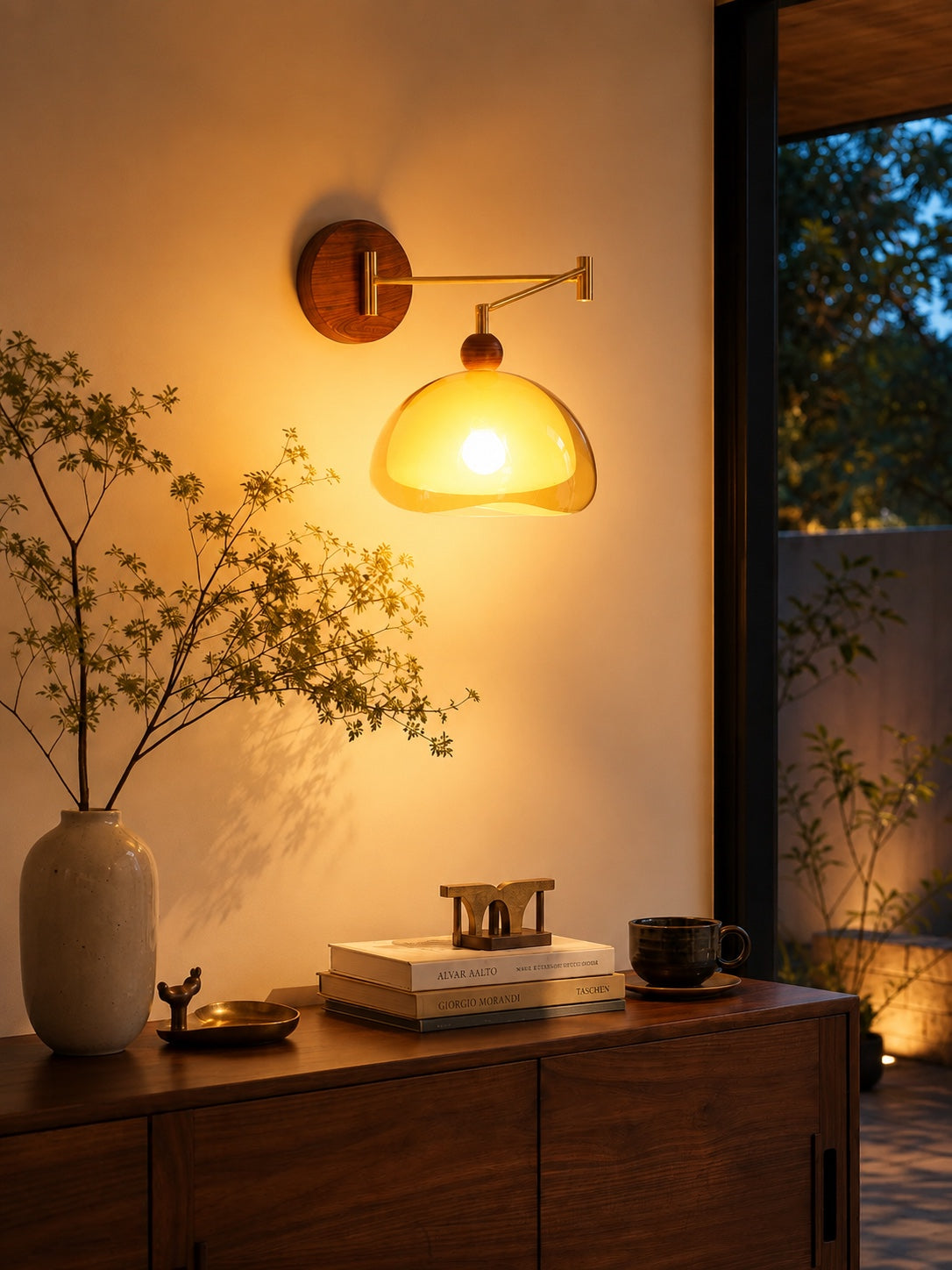 Sunset Glow Moderne Wandleuchte mit Acrylschirm und Holzstruktur-Basis für Schlafzimmer, Flur, Wohnzimmer | Souliia