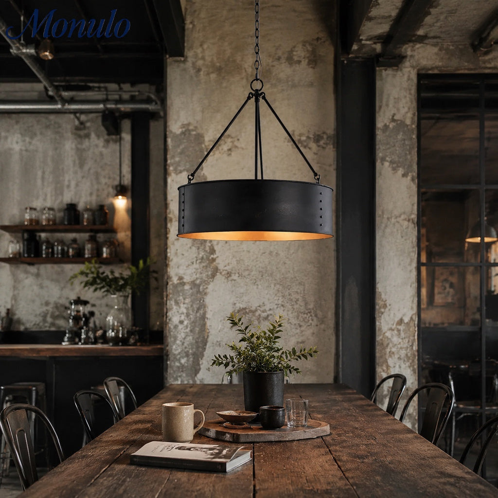 Velara Round Black Drum Pendant Light - Industrial Vintage Style for Dining Room or Living Room | Souliia