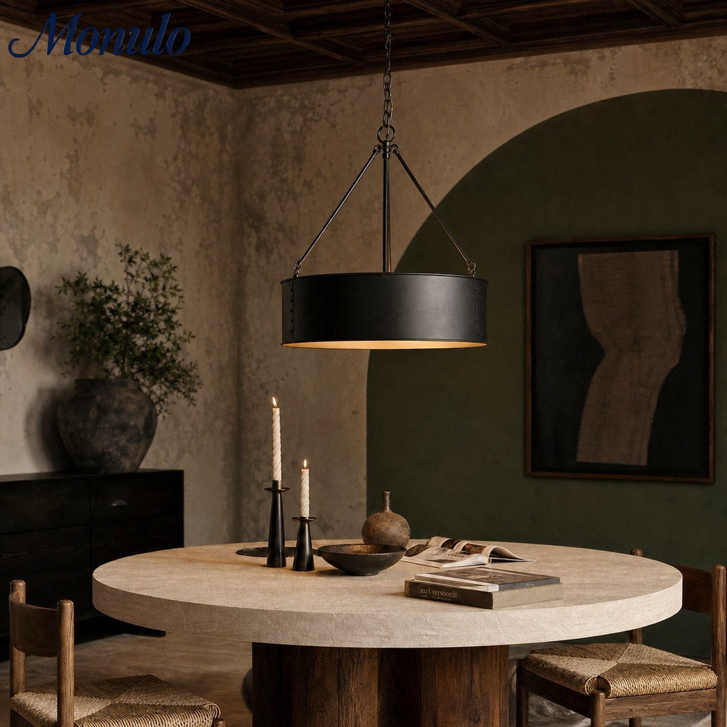 Velara Round Black Drum Pendant Light - Industrial Vintage Style for Dining Room or Living Room | Souliia