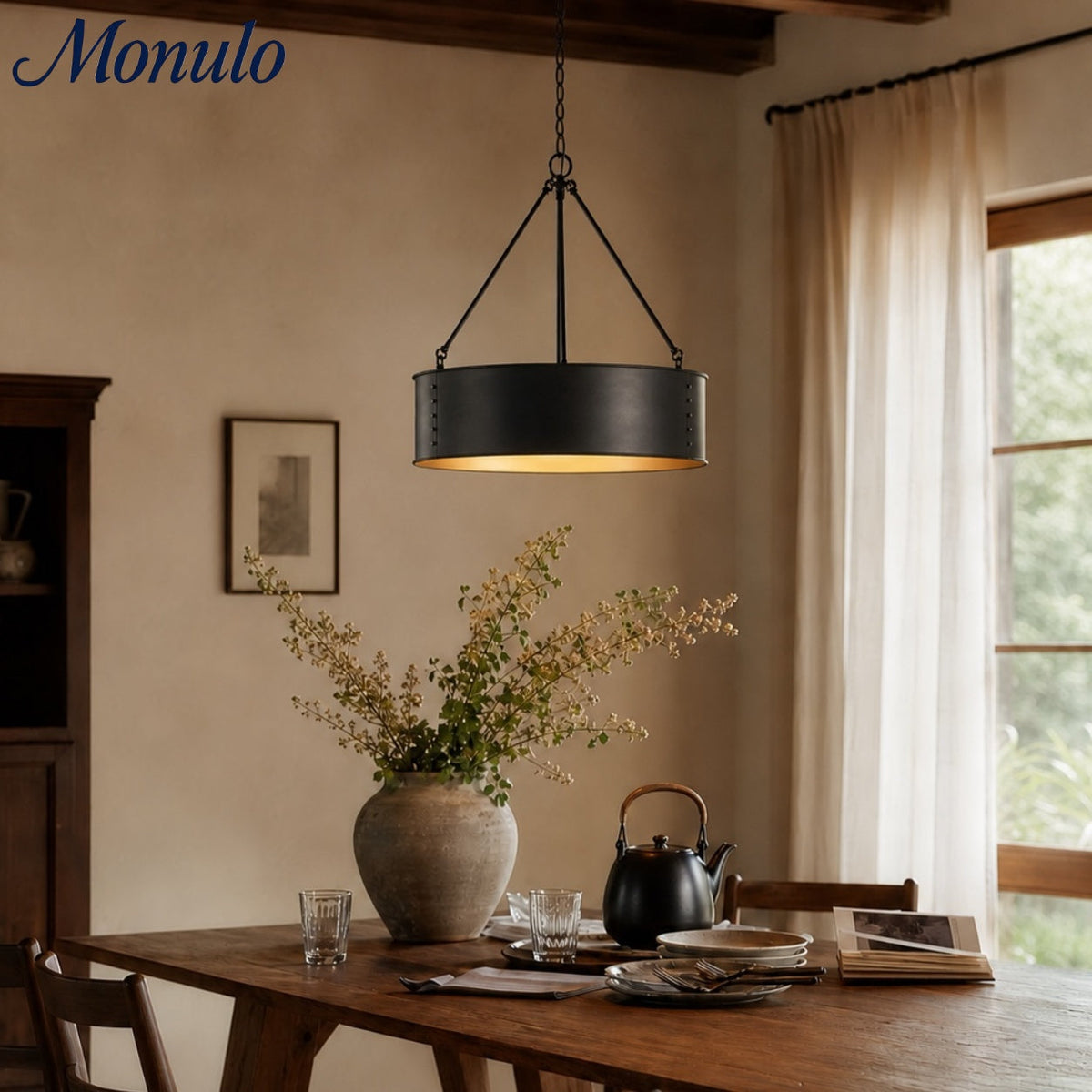Velara Round Black Drum Pendant Light - Industrial Vintage Style for Dining Room or Living Room | Souliia