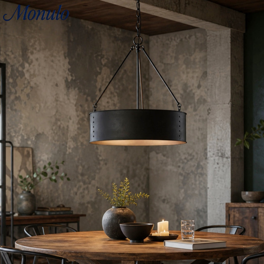 Velara Round Black Drum Pendant Light - Industrial Vintage Style for Dining Room or Living Room | Souliia