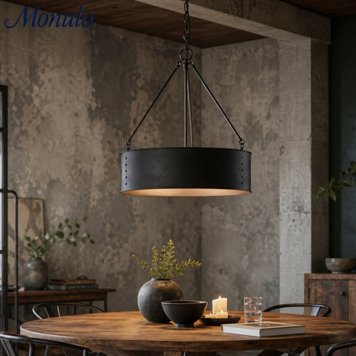 Velara Round Black Drum Pendant Light - Industrial Vintage Style for Dining Room or Living Room | Souliia