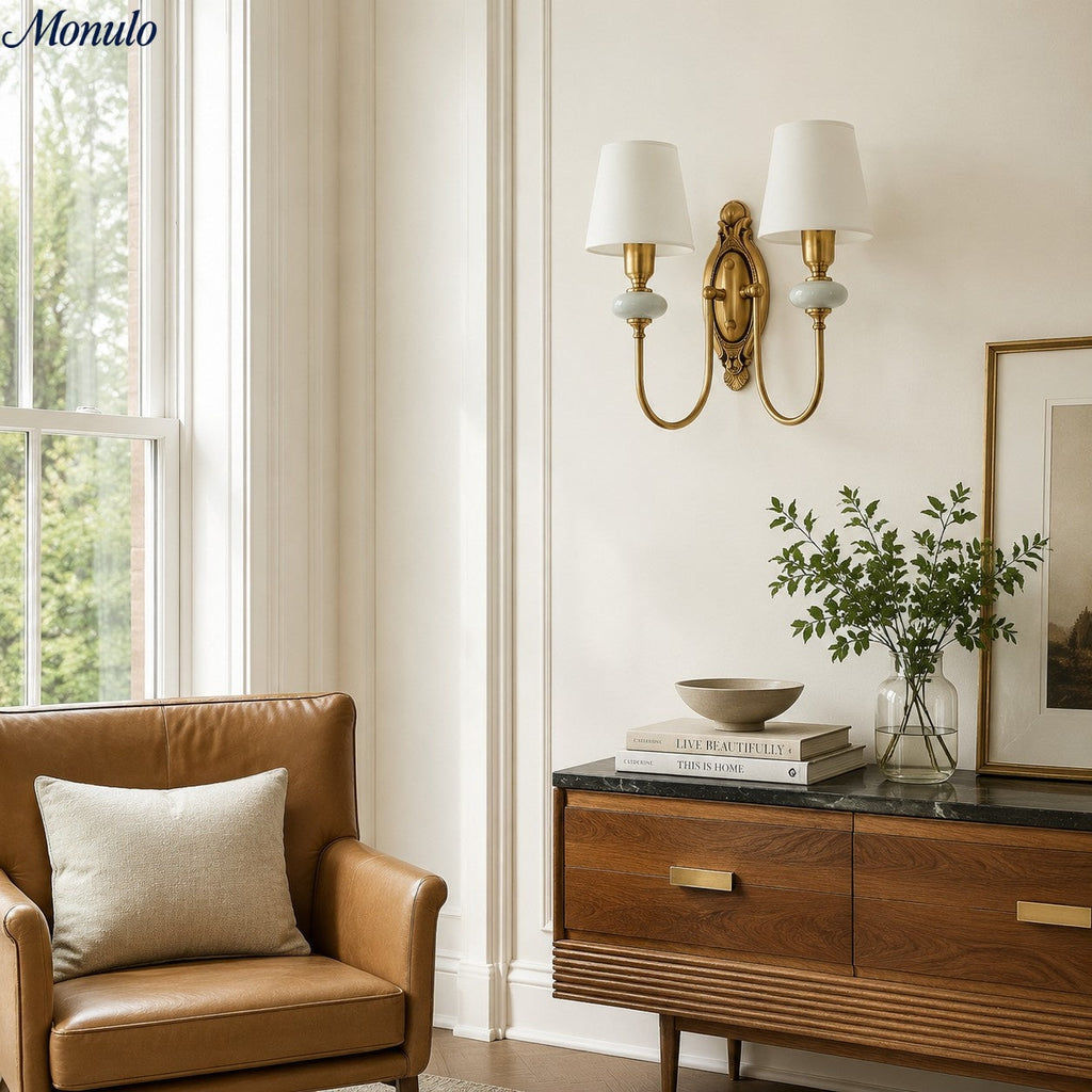 Rowan Classic Fabric Shade Sconce – Ceramic Wall Light for Hallway or Bedroom | Souliia