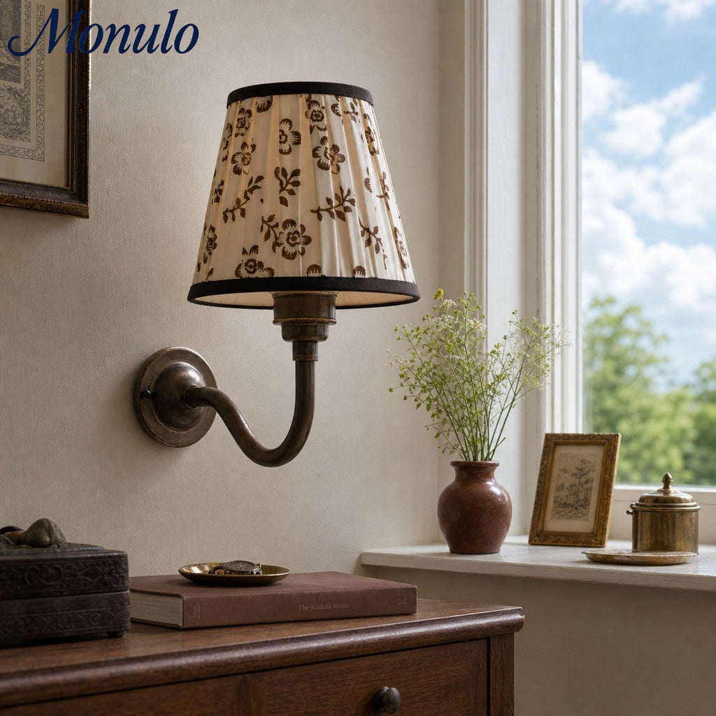 Solmire Fabric Wall Sconce - Vintage Linen Cotton Shade with Curved Metal Arm for Bedroom and Hallway | Souliia