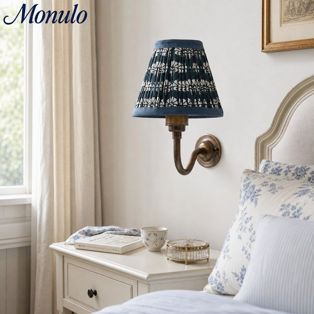 Solmire Fabric Wall Sconce - Vintage Linen Cotton Shade with Curved Metal Arm for Bedroom and Hallway | Souliia