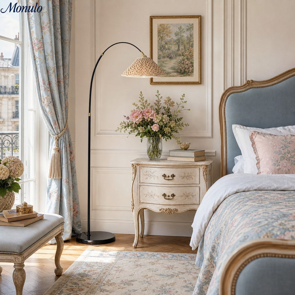 Solmire Veslin Bogen-Stehleuchte - Plissierter Blumenstoffschirm Französischer Stil Stehleuchte für Schlafzimmer und Wohnzimmer | Souliia