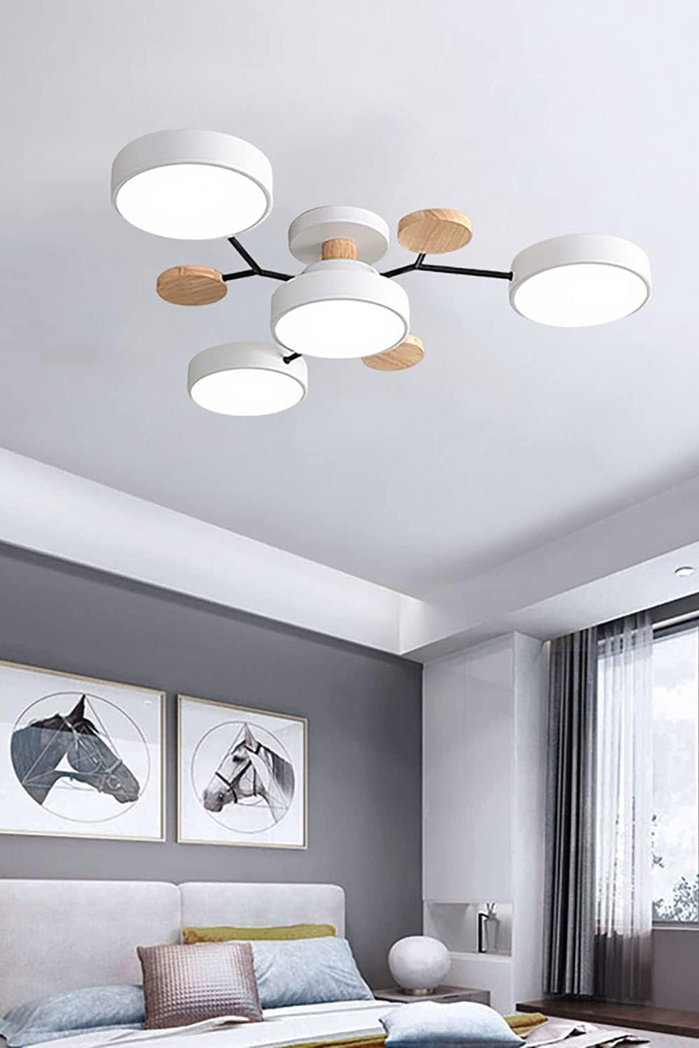 Loftlampe med flere hoveder, skiver og grene i Morandi-farver | Souliia