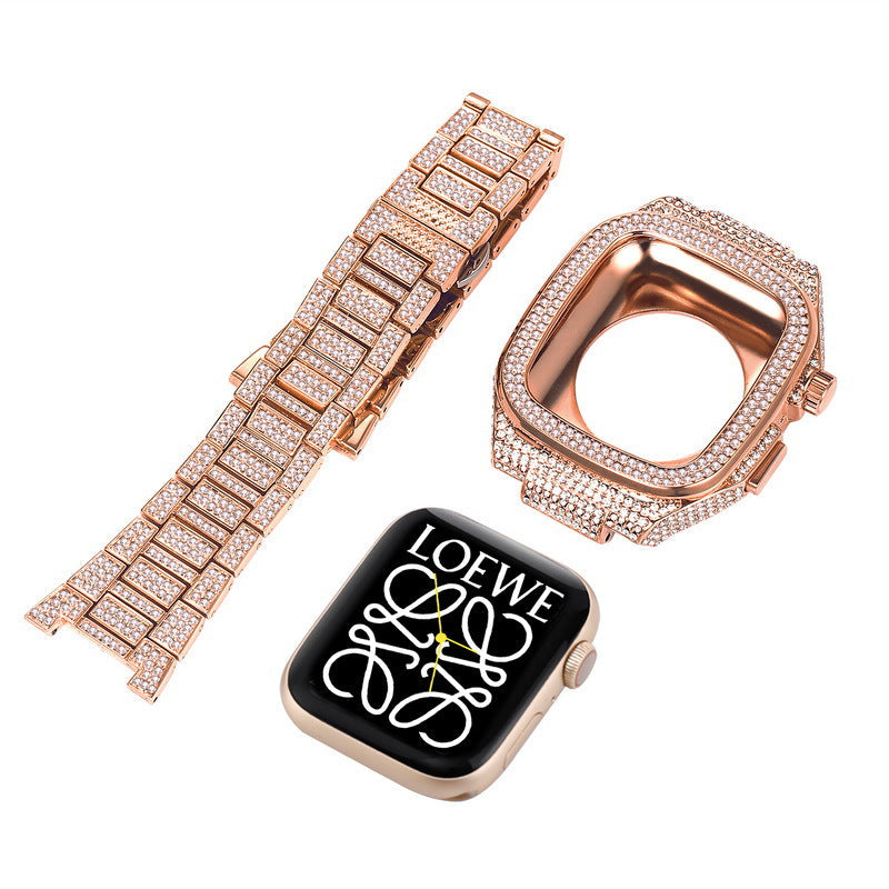NovaLux Polished Stainless Case Strap — Rhinestone & Diamond Accent, Apple Watch 44-45mm