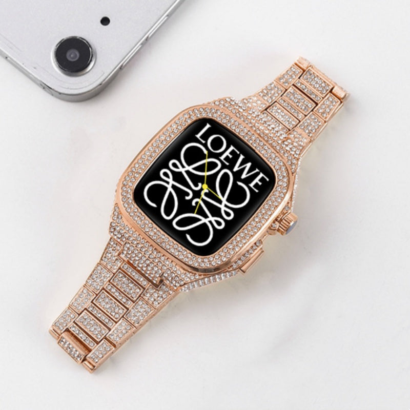 NovaLux Polished Stainless Case Strap — Rhinestone & Diamond Accent, Apple Watch 44-45mm