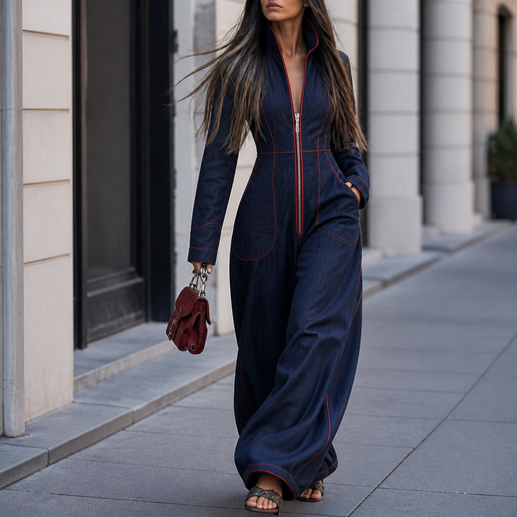 Velozia – Waist-Sculpting Wide-Leg Denim Jumpsuit with Zip Front - Souliia