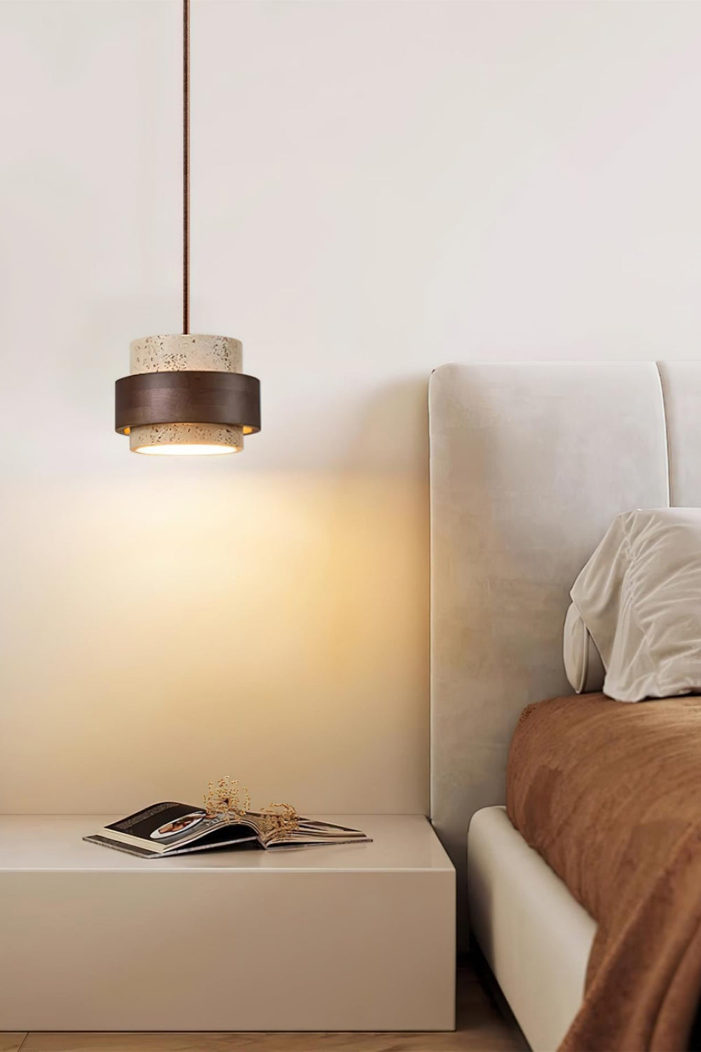 Travertin Holz Pendelleuchte - Moderne organische Hängeleuchte für Wohnzimmer | Souliia