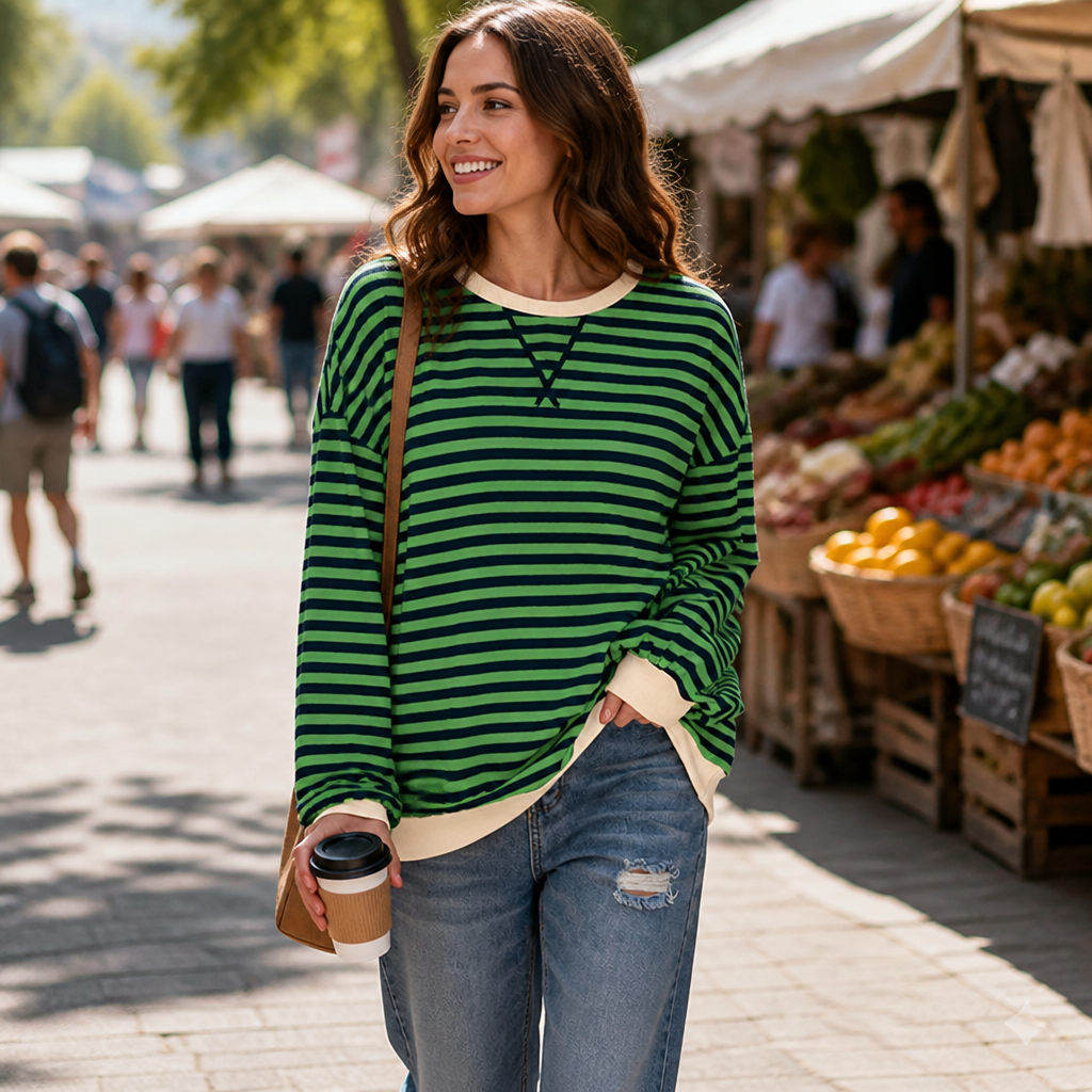 VeroLuxe – Relaxed Striped Crewneck Sweatshirt with Contrast Trim - Souliia