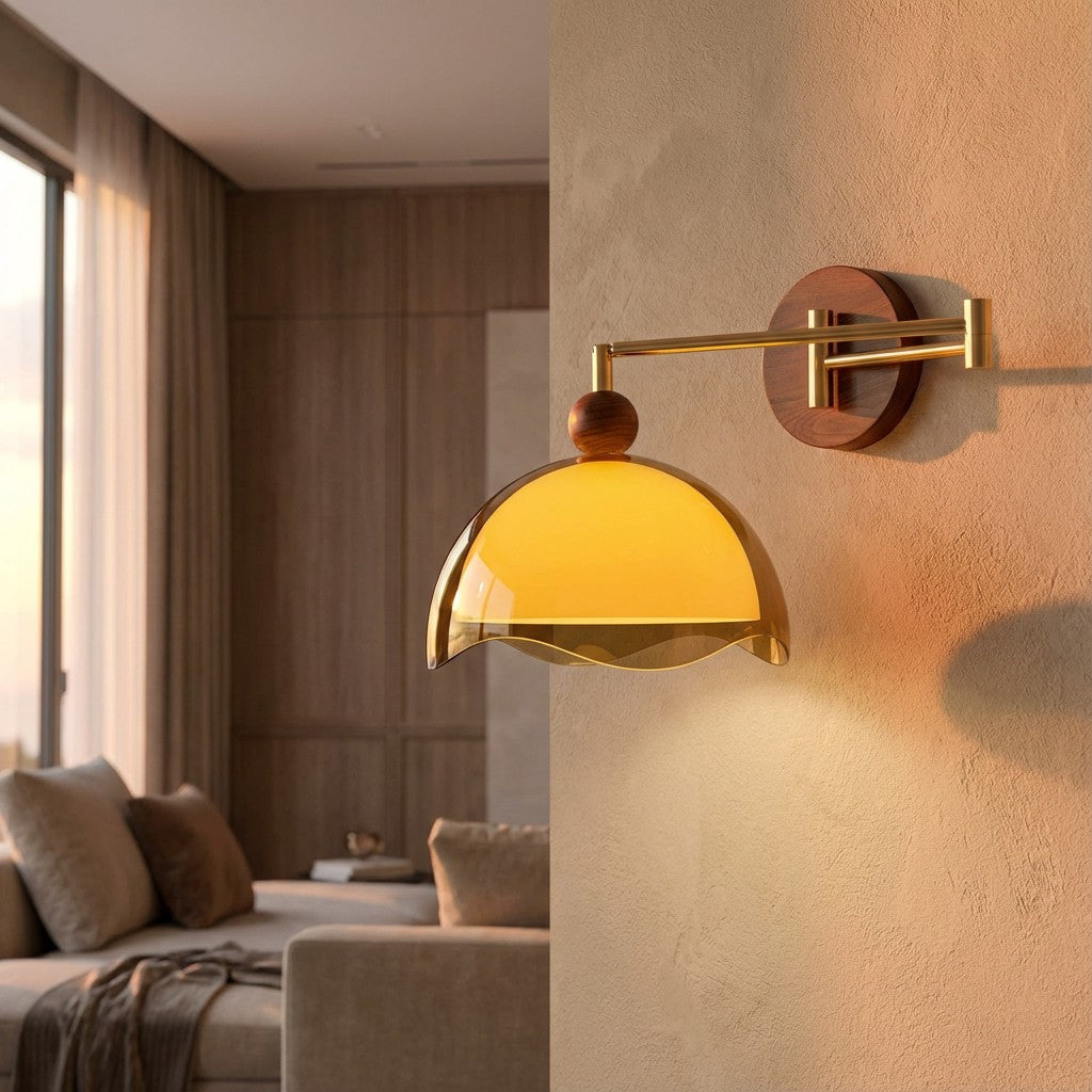Sunset Glow Moderne Wandleuchte mit Acrylschirm und Holzstruktur-Basis für Schlafzimmer, Flur, Wohnzimmer | Souliia