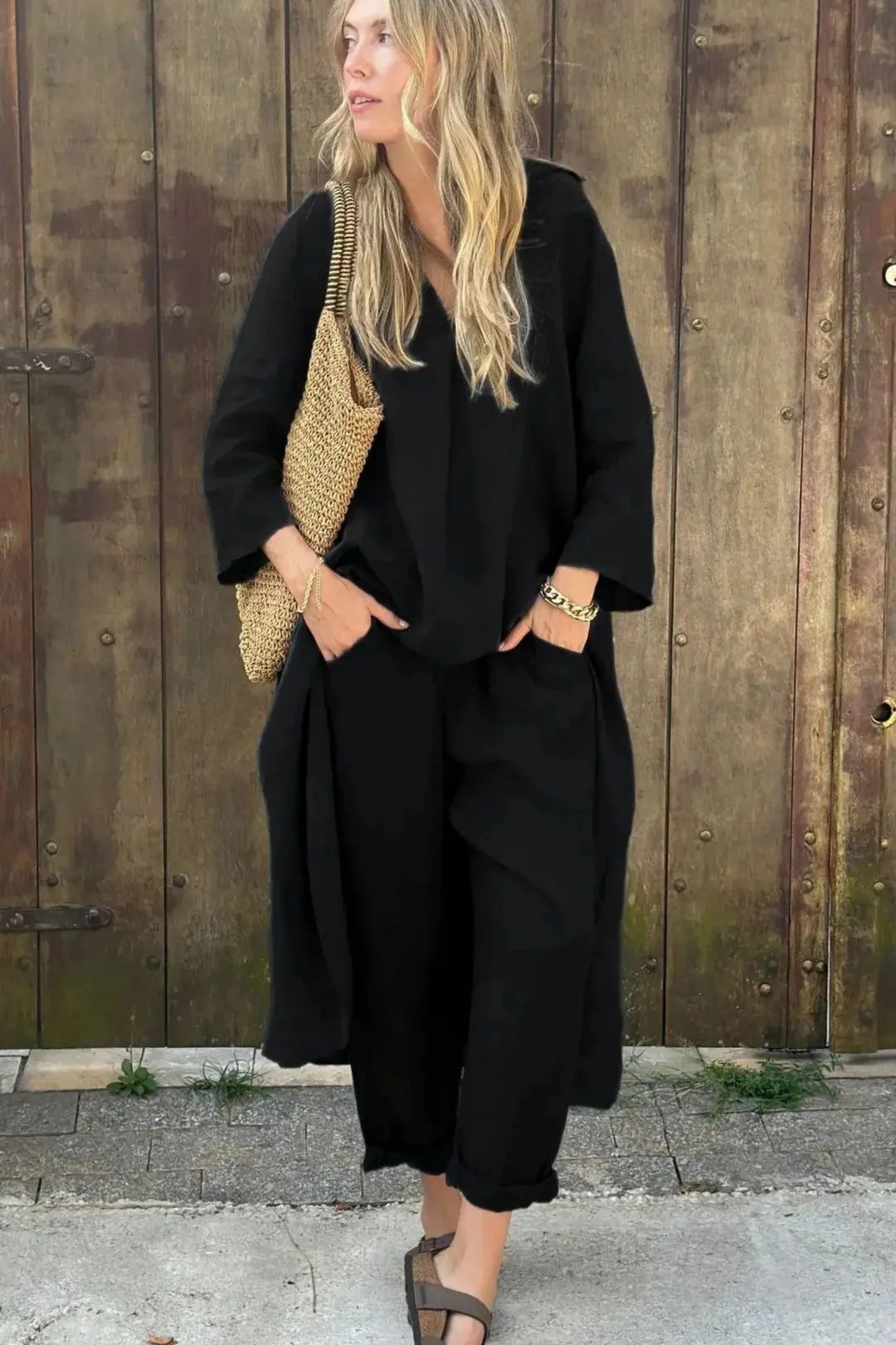 Ensemble deux pièces ample à col en V uni avec poches