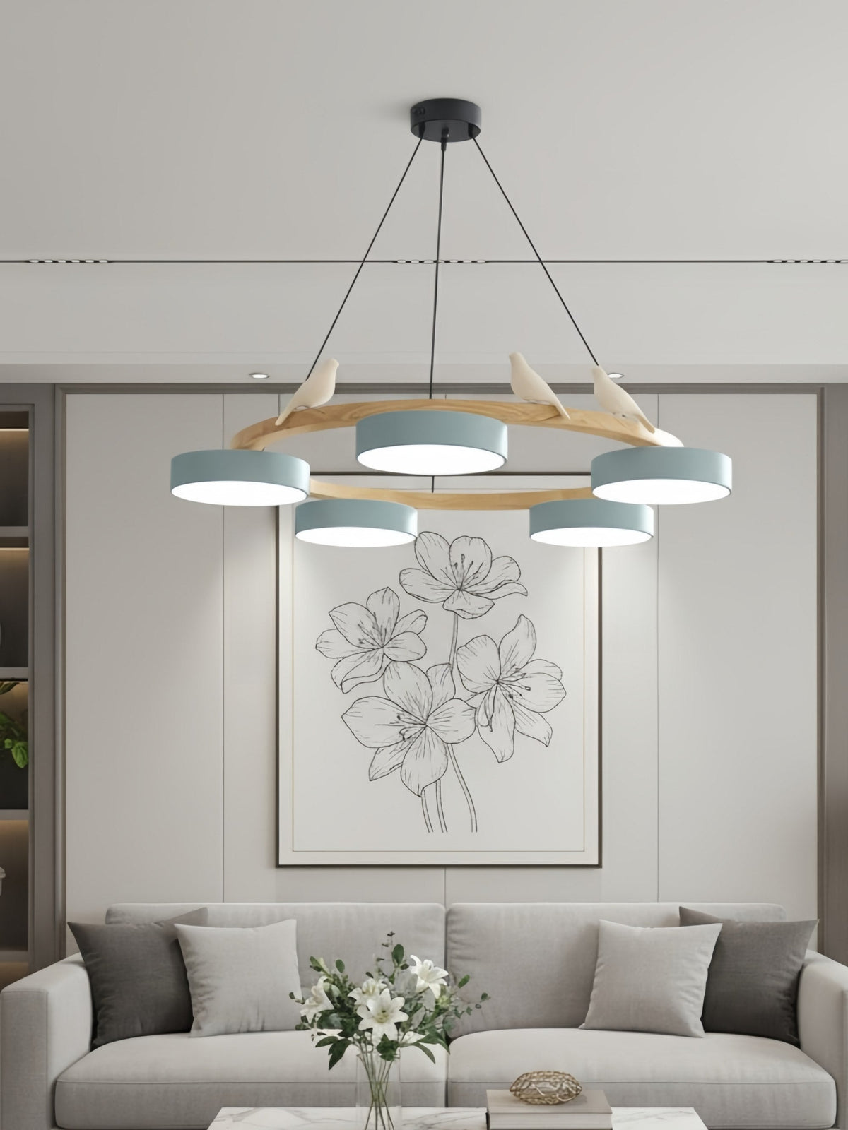 Moderne kreativ farverig lysekrone med cirkelformede fugle | Souliia