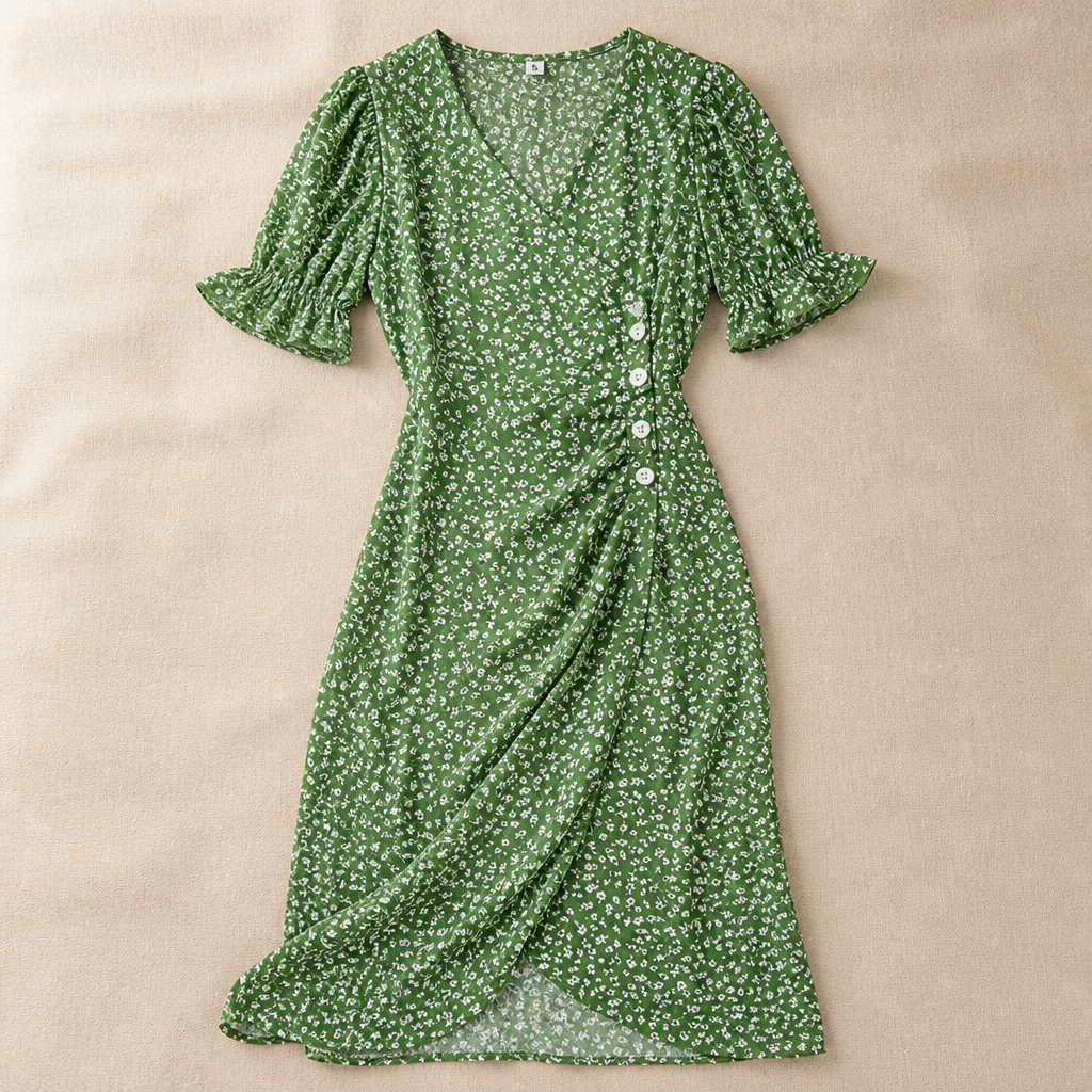 SeraphineAura – Ditsy Floral Wrap Midi Dress with Ruched Tulip Hem - Souliia