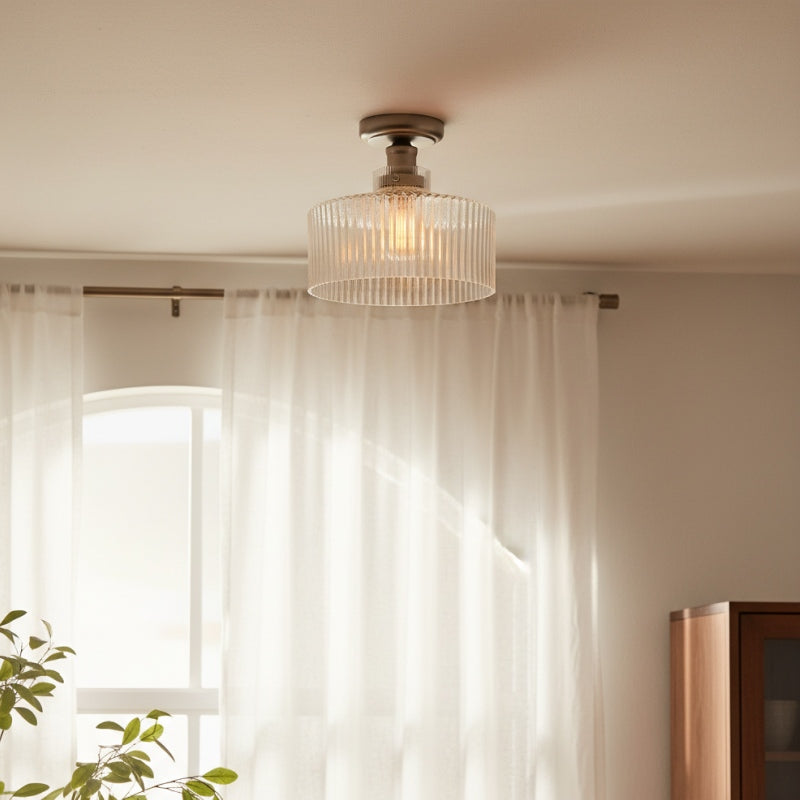 Ribora Ribbed Glass Metal Flush Mount Industrial Style - Bedroom Hallway Lighting U05 | Souliia