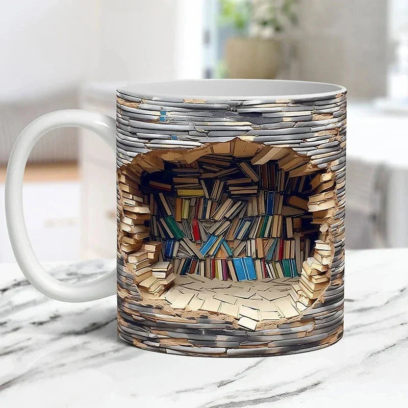 Taza con estantería de libros en 3D — regalo de café para amantes de los libros