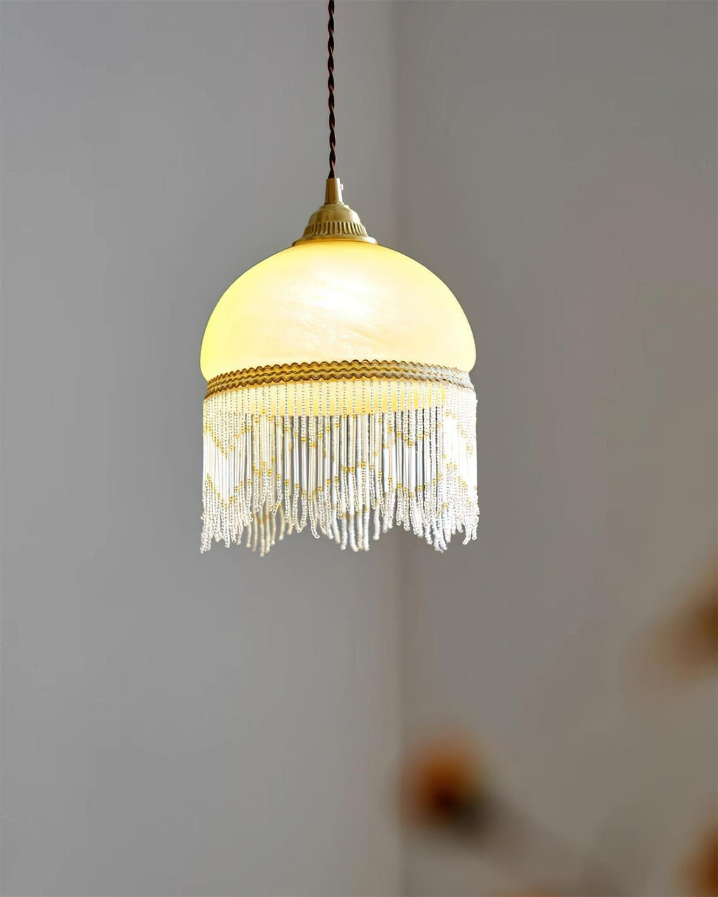 Vili Beaded Tassel Pendant Lamp – Soft Yellow Dome, Brass-Toned Top