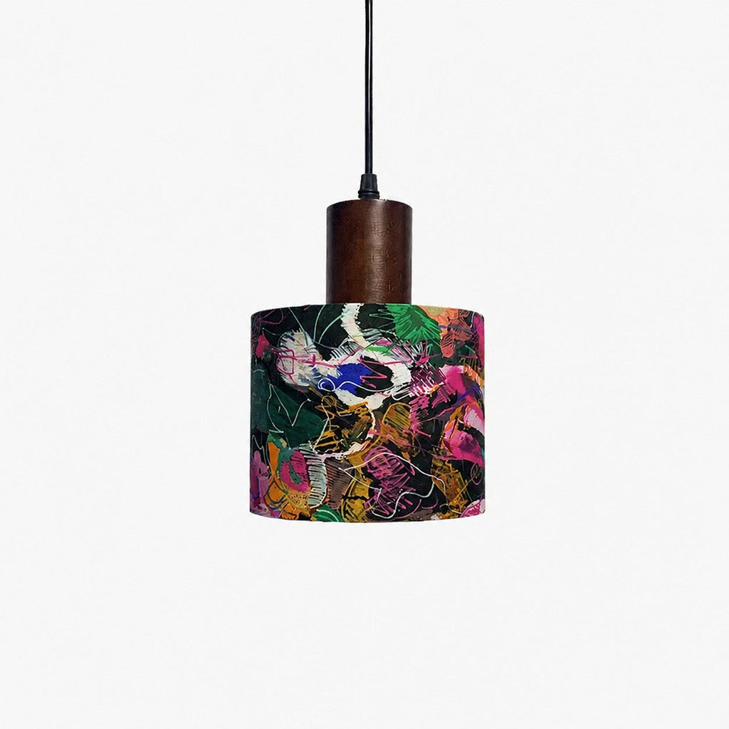 Printed Fabric Drum Pendant Light with Walnut Wood Holder | Souliia