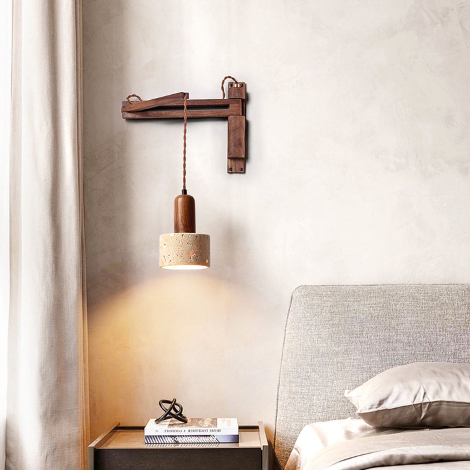 Tia Travertine Swing Arm Plug-in Sconce | Souliia