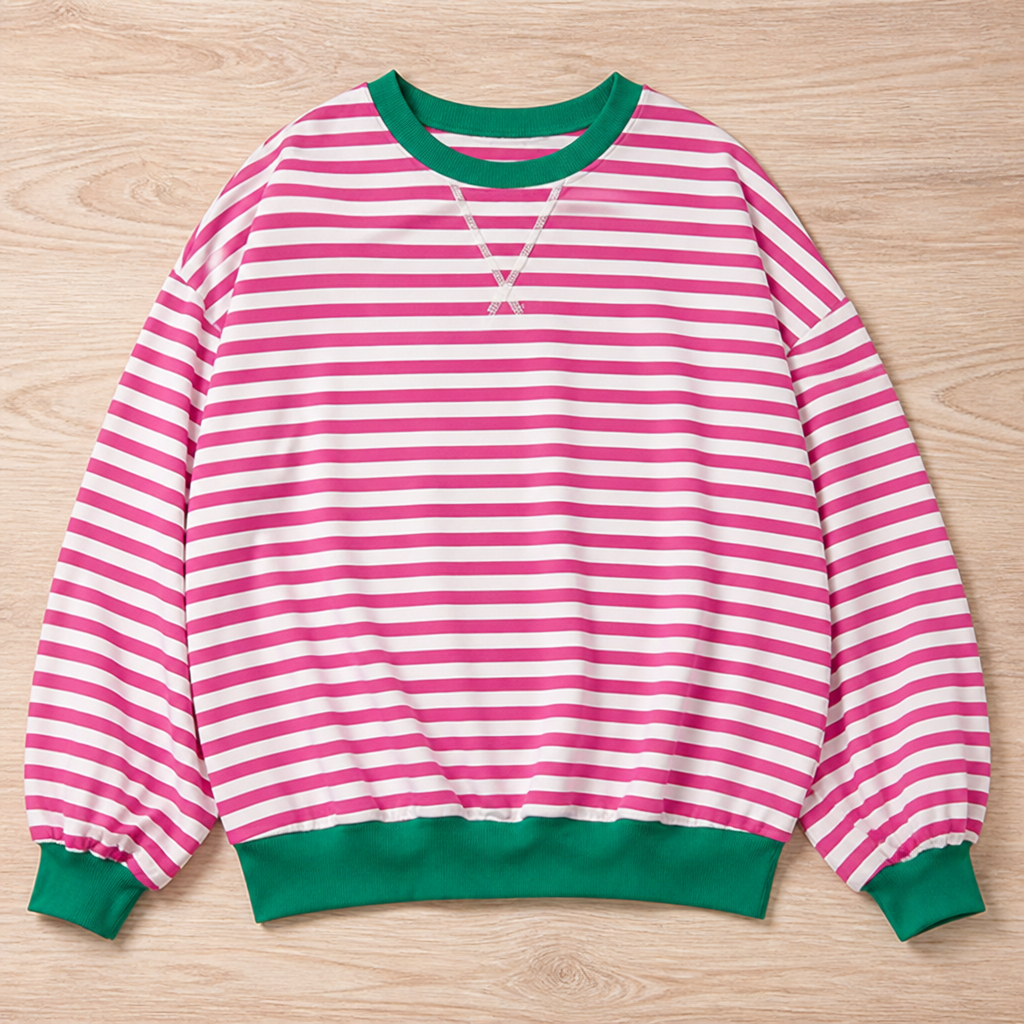 VeroLuxe – Relaxed Striped Crewneck Sweatshirt with Contrast Trim - Souliia