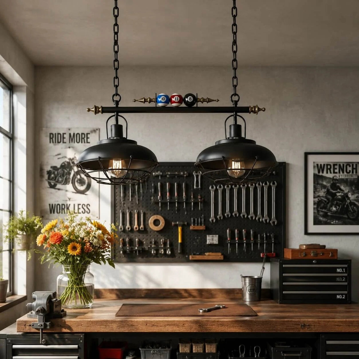 Vintage Industrial Billiard Pendant Light with Glass or Iron Shades | Souliia