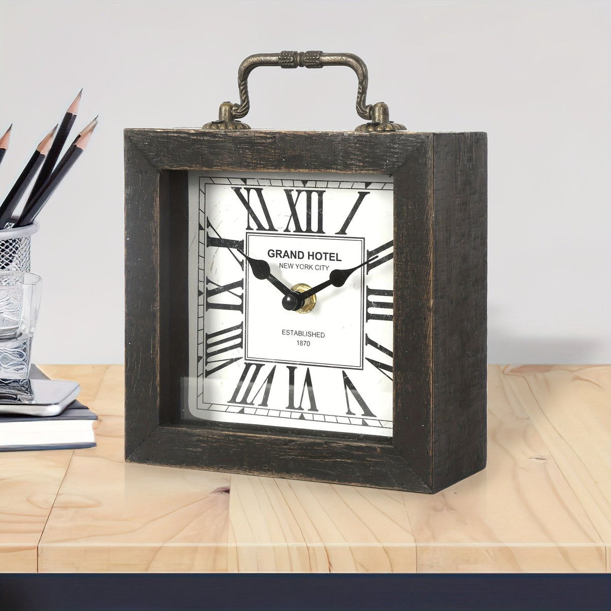 Cabinco Rustic Wooden Shelf Clock — Glass Cover