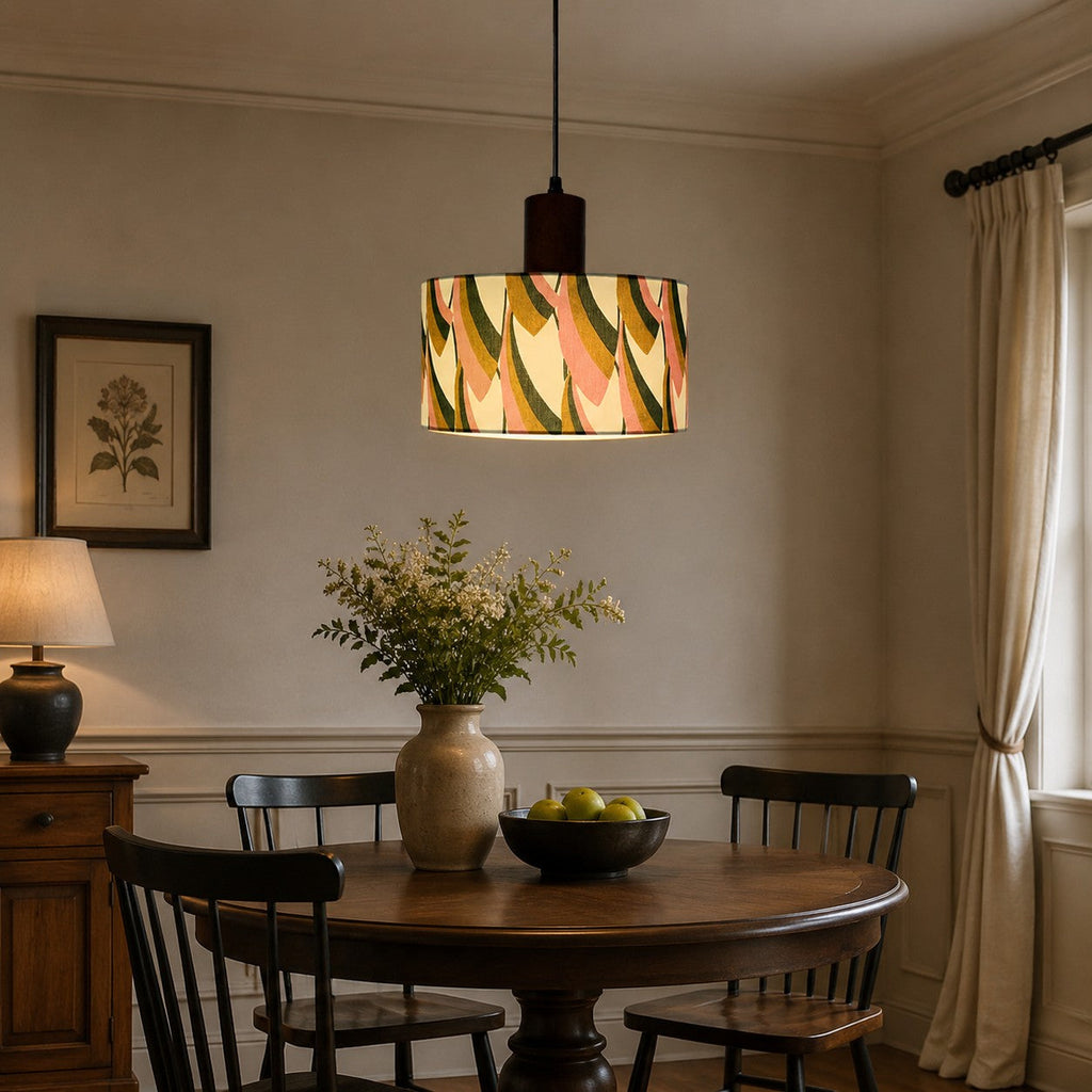 Printed Fabric Drum Pendant Light with Walnut Wood Holder | Souliia