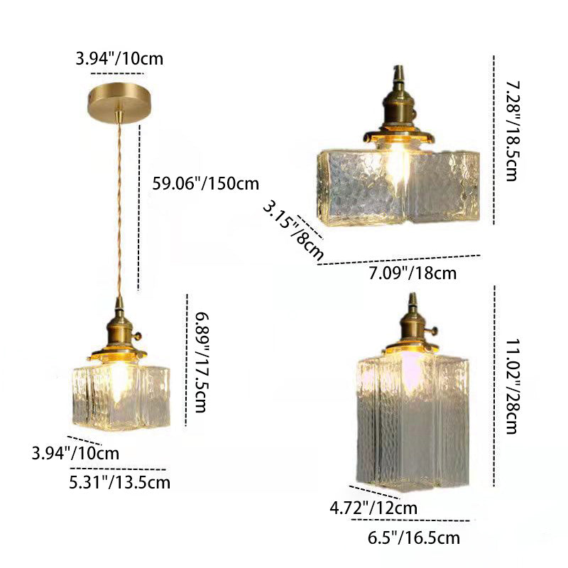 Traditionelle Vintage Quadrat Rechteck Wellen-Glas Eisen 1-Flammige Pendelleuchte für Wohnzimmer | Souliia