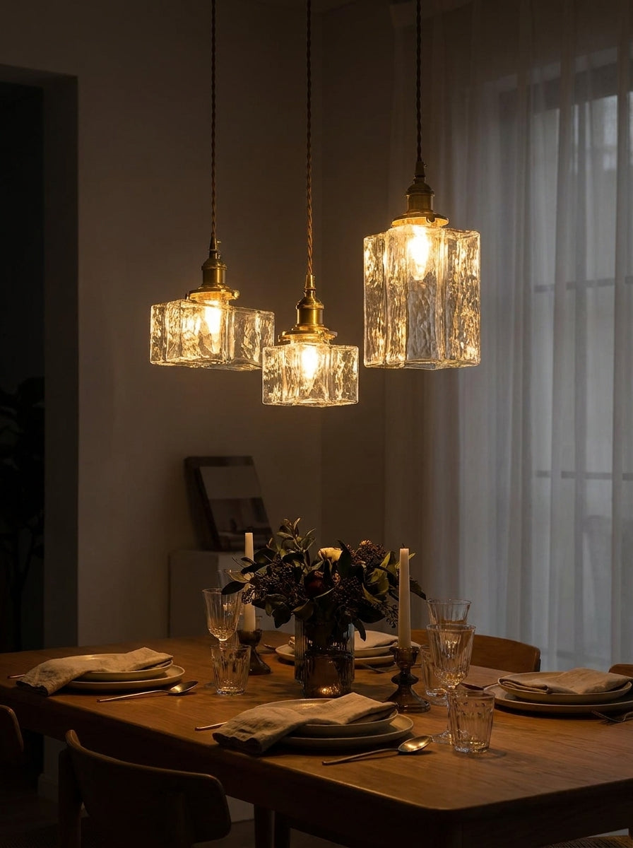 Traditionelle Vintage Quadrat Rechteck Wellen-Glas Eisen 1-Flammige Pendelleuchte für Wohnzimmer | Souliia