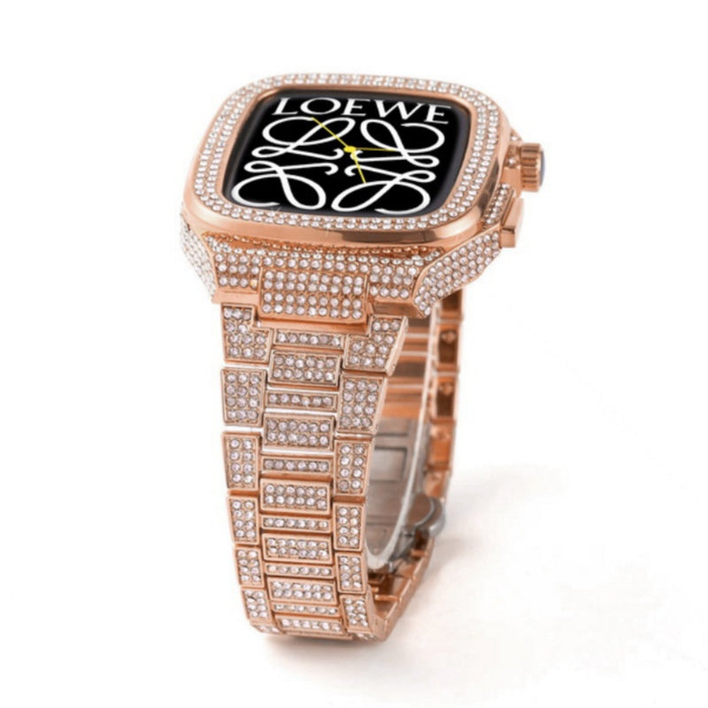 NovaLux Polished Stainless Case Strap — Rhinestone & Diamond Accent, Apple Watch 44-45mm
