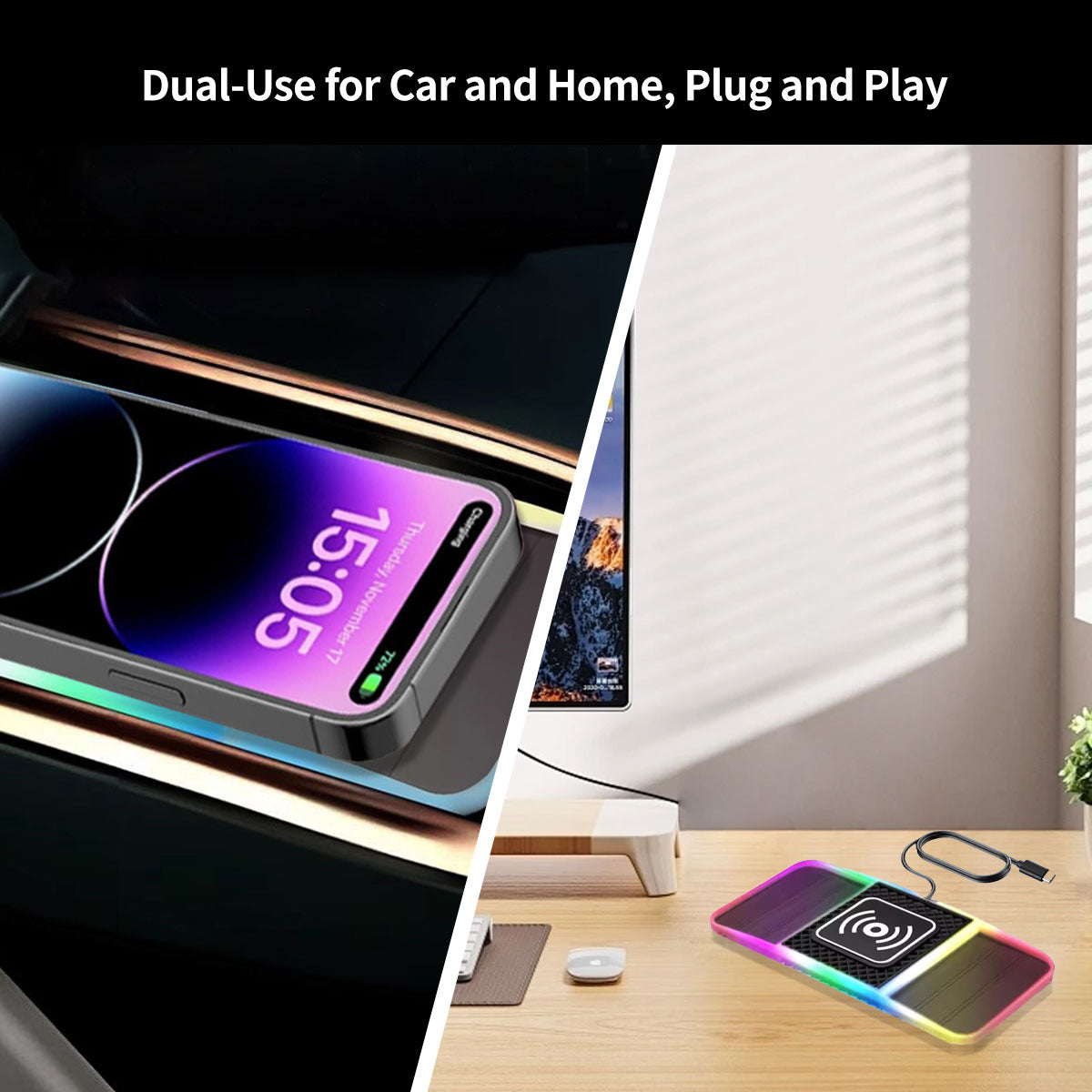 Wireless Car Charger with Dual Slots and Ambient Lighting - 20W - Souliia