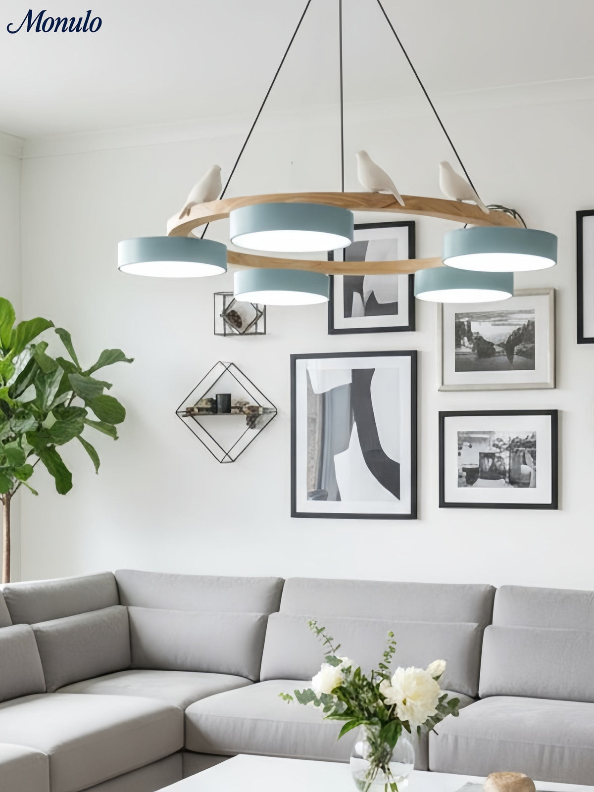 Moderne kreativ farverig lysekrone med cirkelformede fugle | Souliia