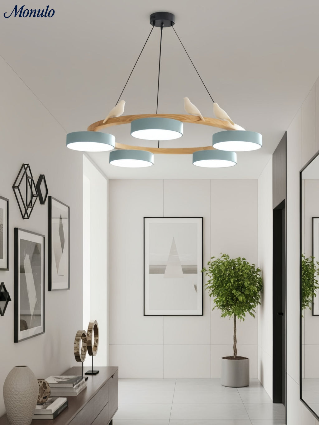 Moderne kreativ farverig lysekrone med cirkelformede fugle | Souliia