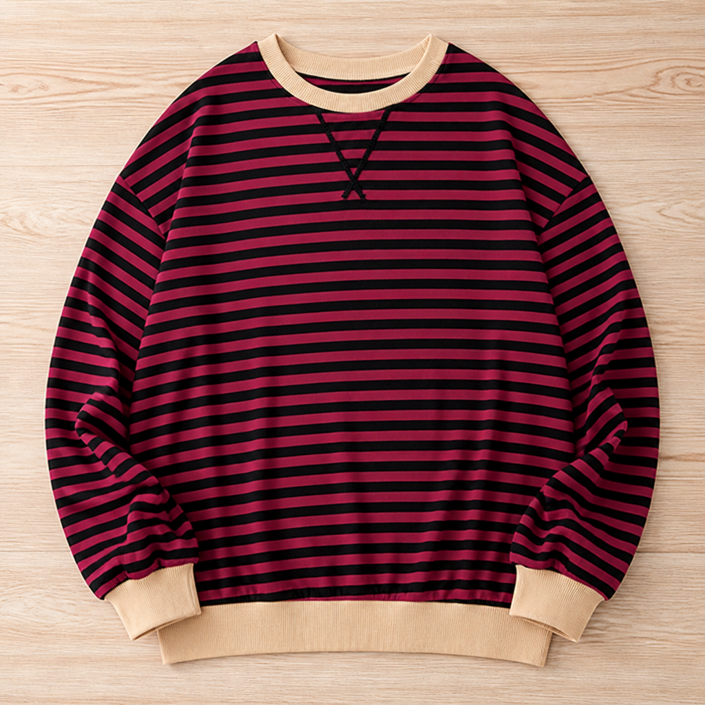 VeroLuxe – Relaxed Striped Crewneck Sweatshirt with Contrast Trim - Souliia