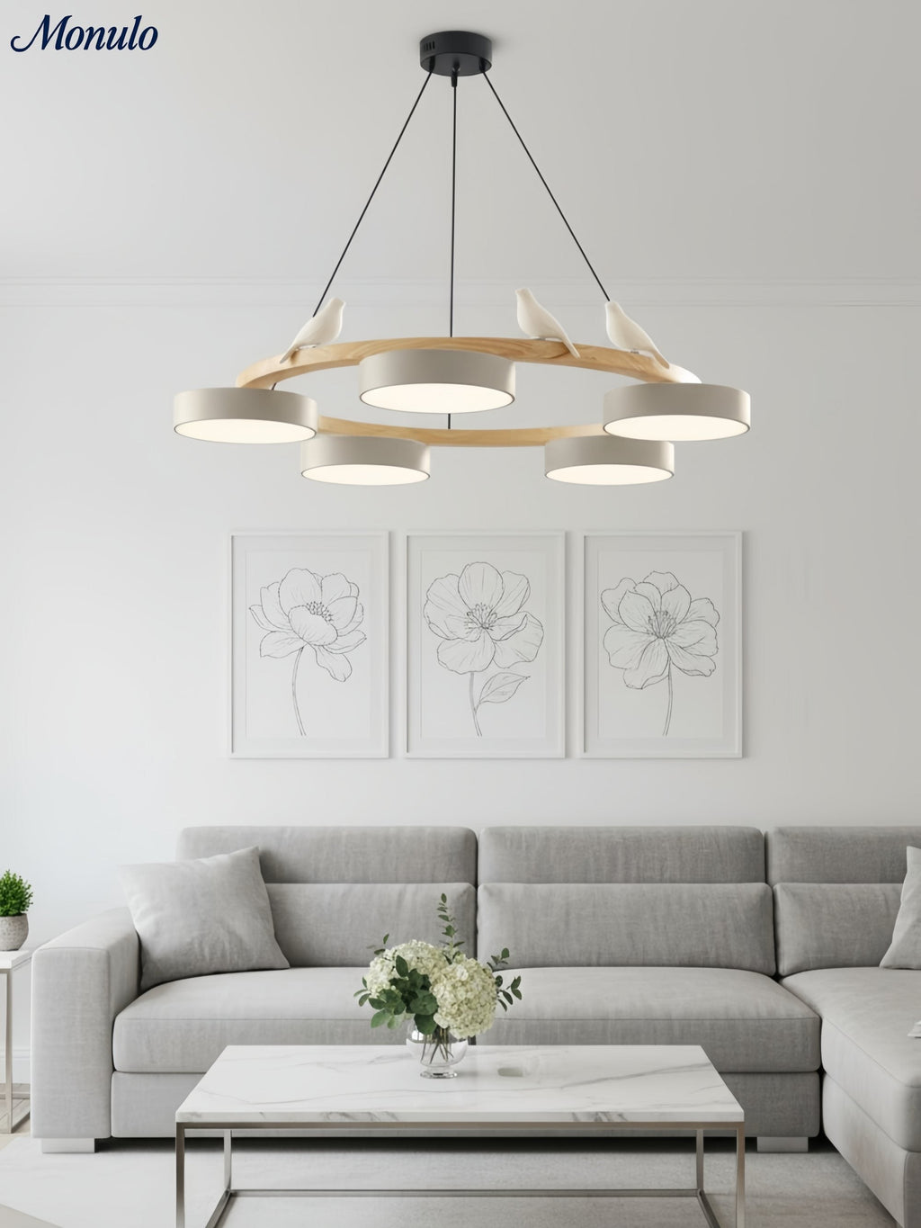 Moderne kreativ farverig lysekrone med cirkelformede fugle | Souliia
