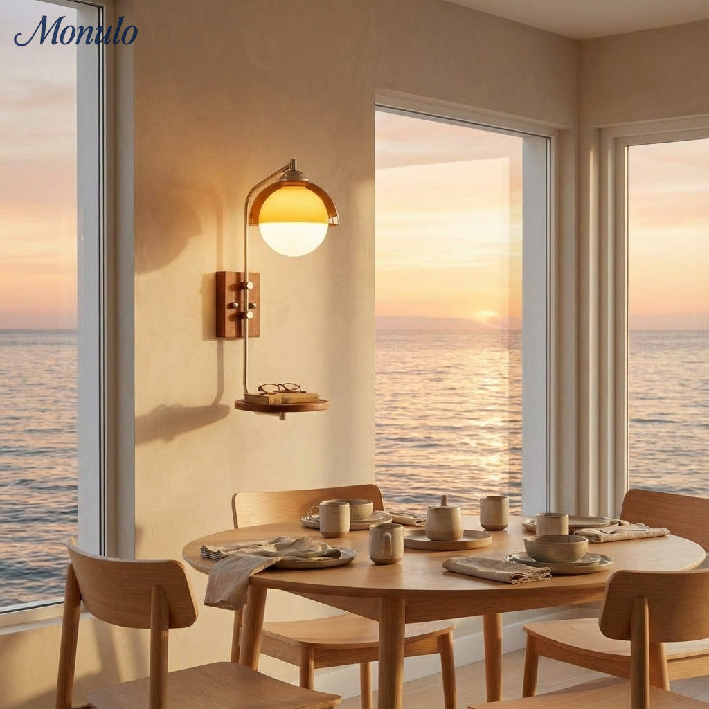 Sunset Glow Moderne Wandleuchte mit Acrylschirm und Holzstruktur-Basis für Schlafzimmer, Flur, Wohnzimmer | Souliia