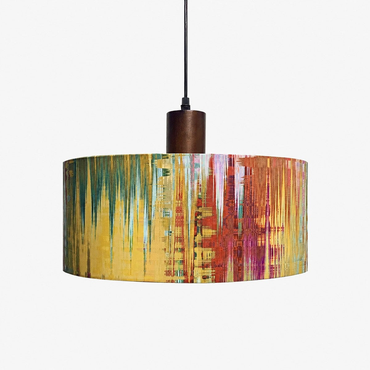 Printed Fabric Drum Pendant Light with Walnut Wood Holder | Souliia