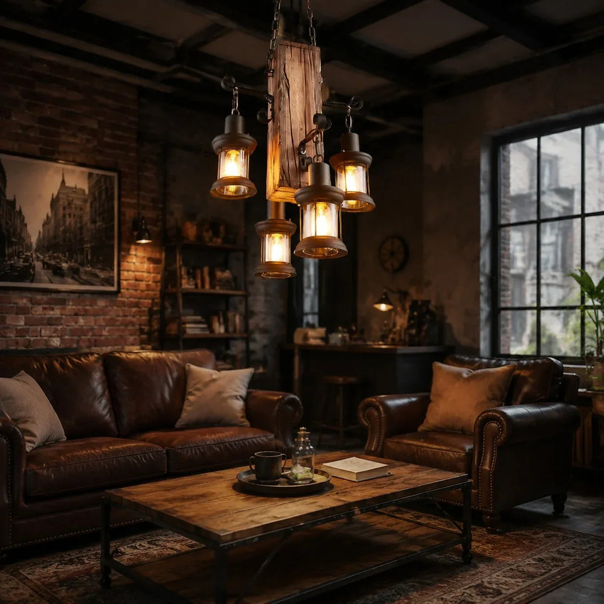 Rustic Industrial Solid Wood Pendant Light Collection | Souliia