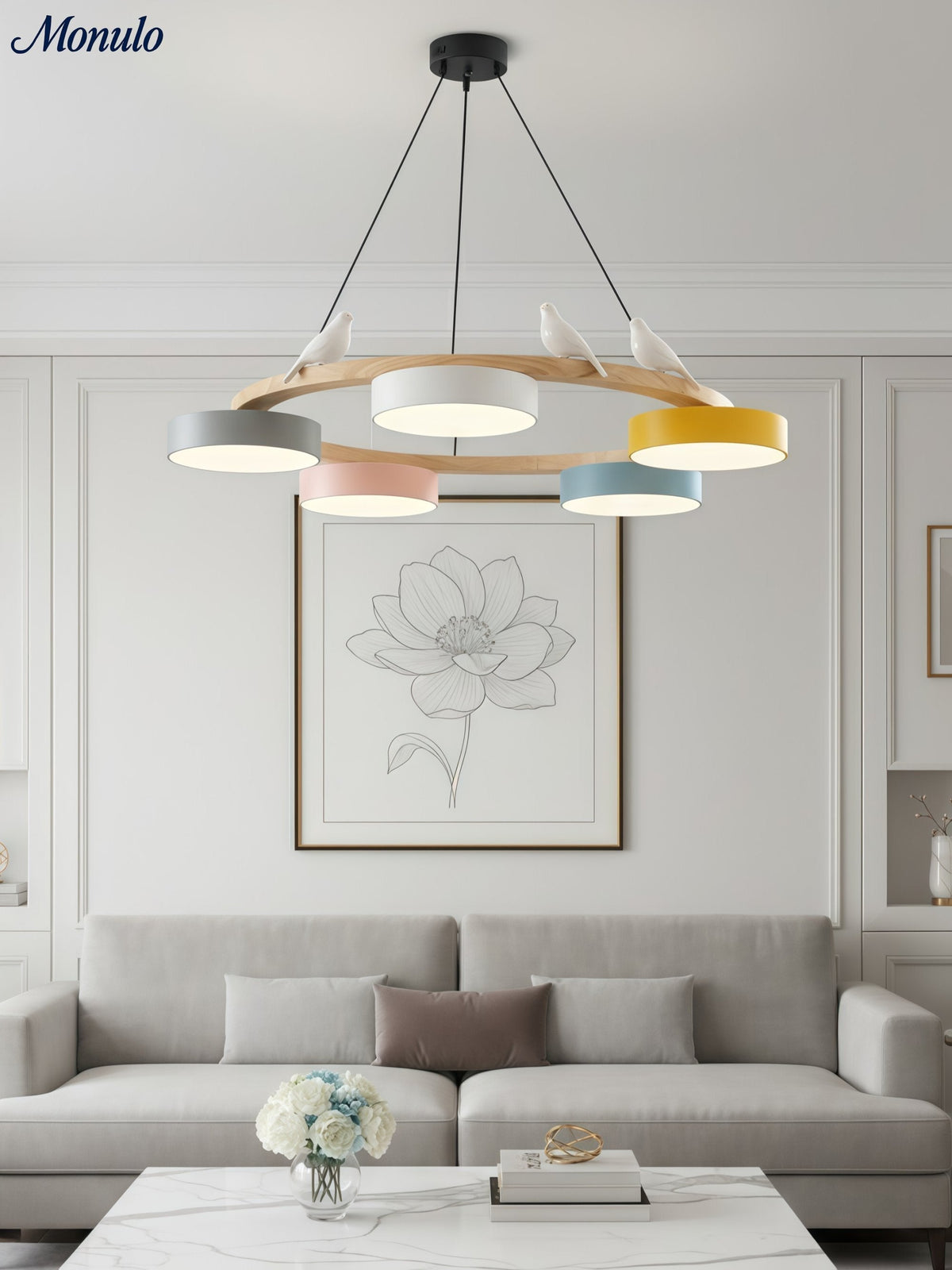 Moderne kreativ farverig lysekrone med cirkelformede fugle | Souliia