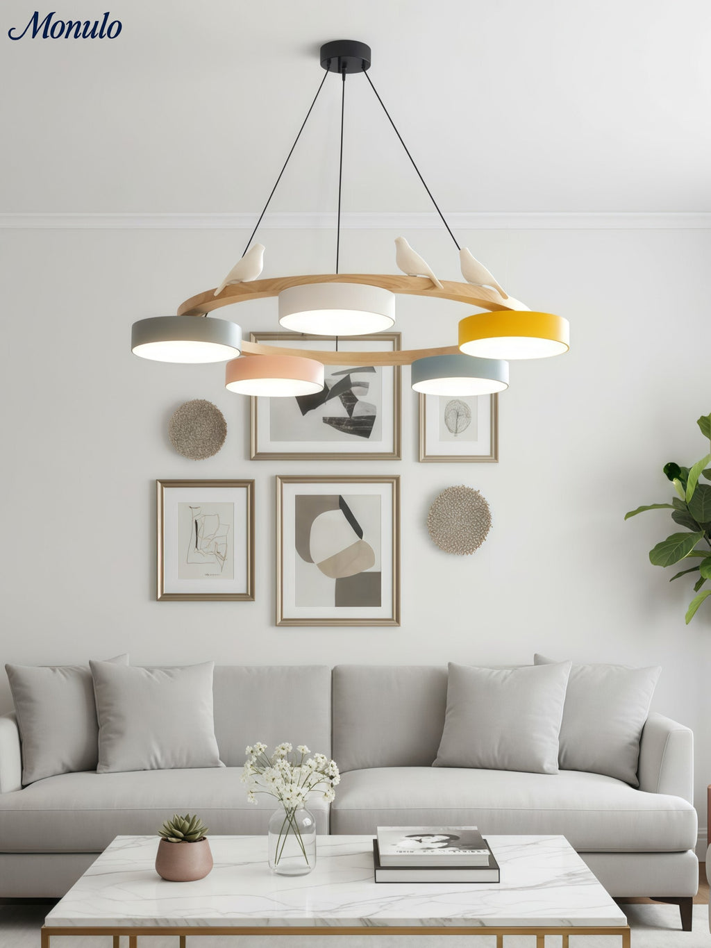 Moderne kreativ farverig lysekrone med cirkelformede fugle | Souliia
