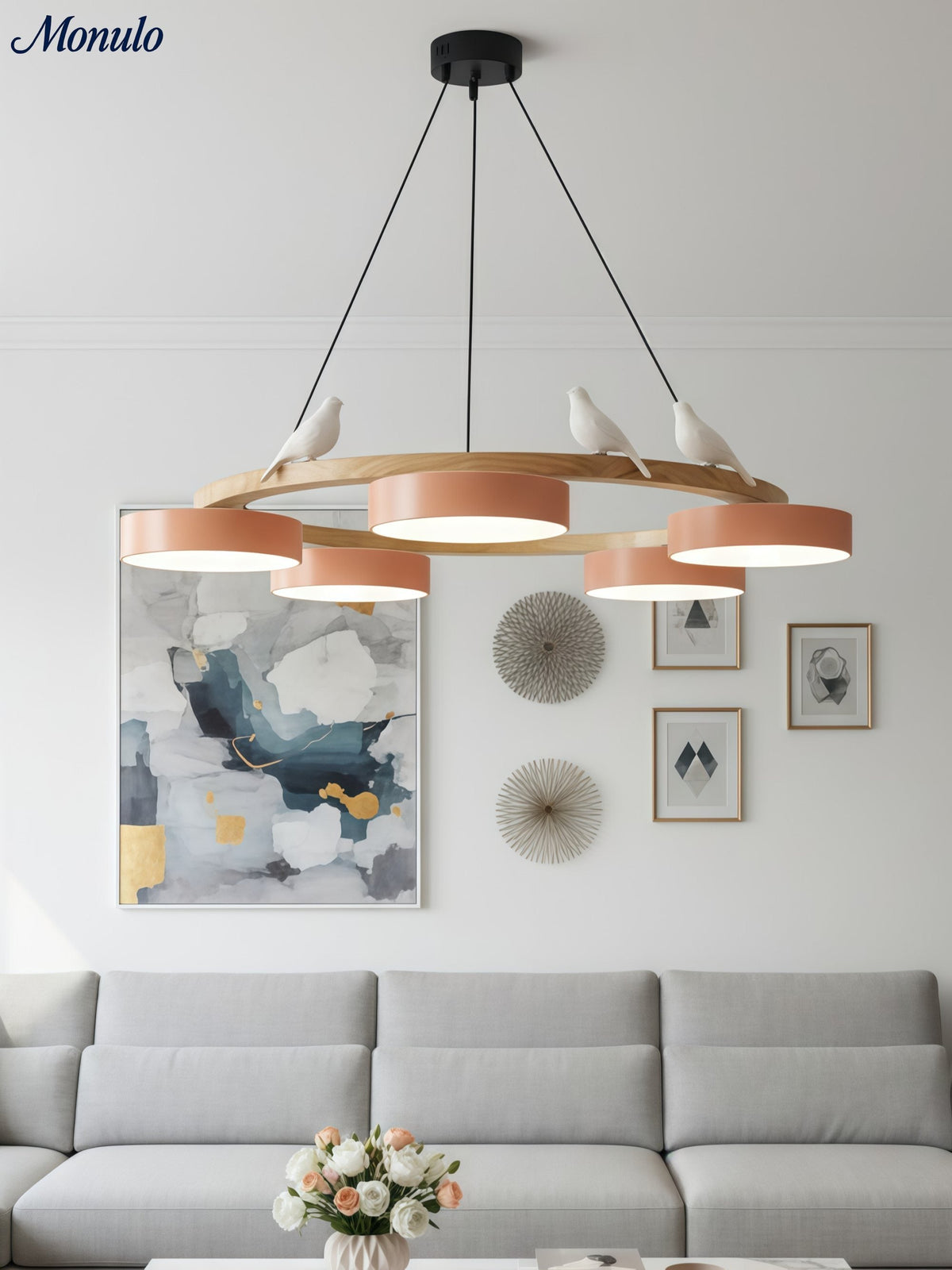 Moderne kreativ farverig lysekrone med cirkelformede fugle | Souliia