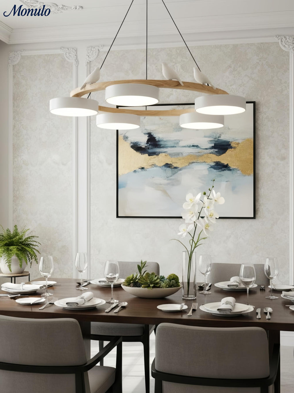 Moderne kreativ farverig lysekrone med cirkelformede fugle | Souliia