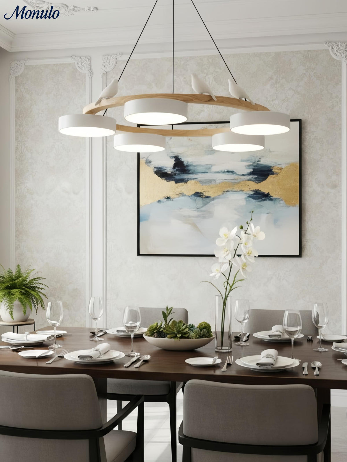 Moderne kreativ farverig lysekrone med cirkelformede fugle | Souliia