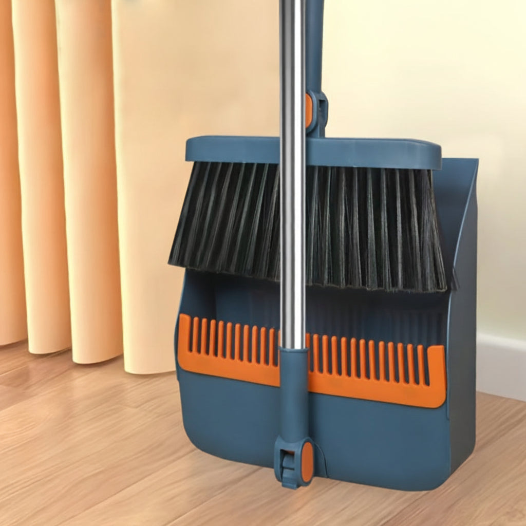 Cleansweep Pro Long-Handle Broom & Dustpan Set — 360° Rotating Head, Built-In Comb Teeth