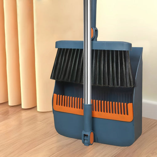 Cleansweep Pro Long-Handle Broom & Dustpan Set — 360° Rotating Head, Built-In Comb Teeth