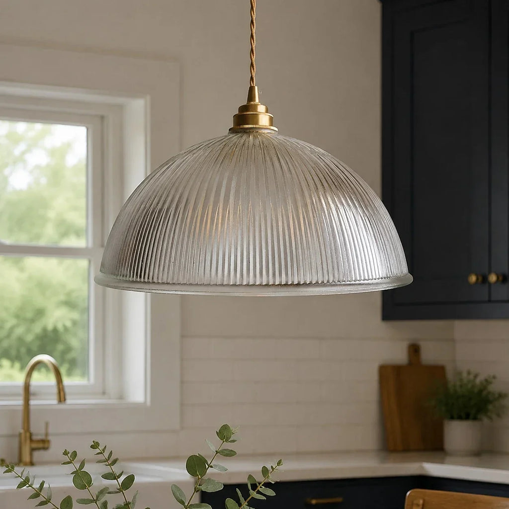 Vintage Ribbed Glass Pendant Light with Brass Accent | Souliia