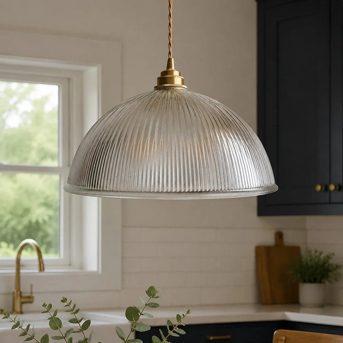 Vintage Ribbed Glass Pendant Light with Brass Accent | Souliia