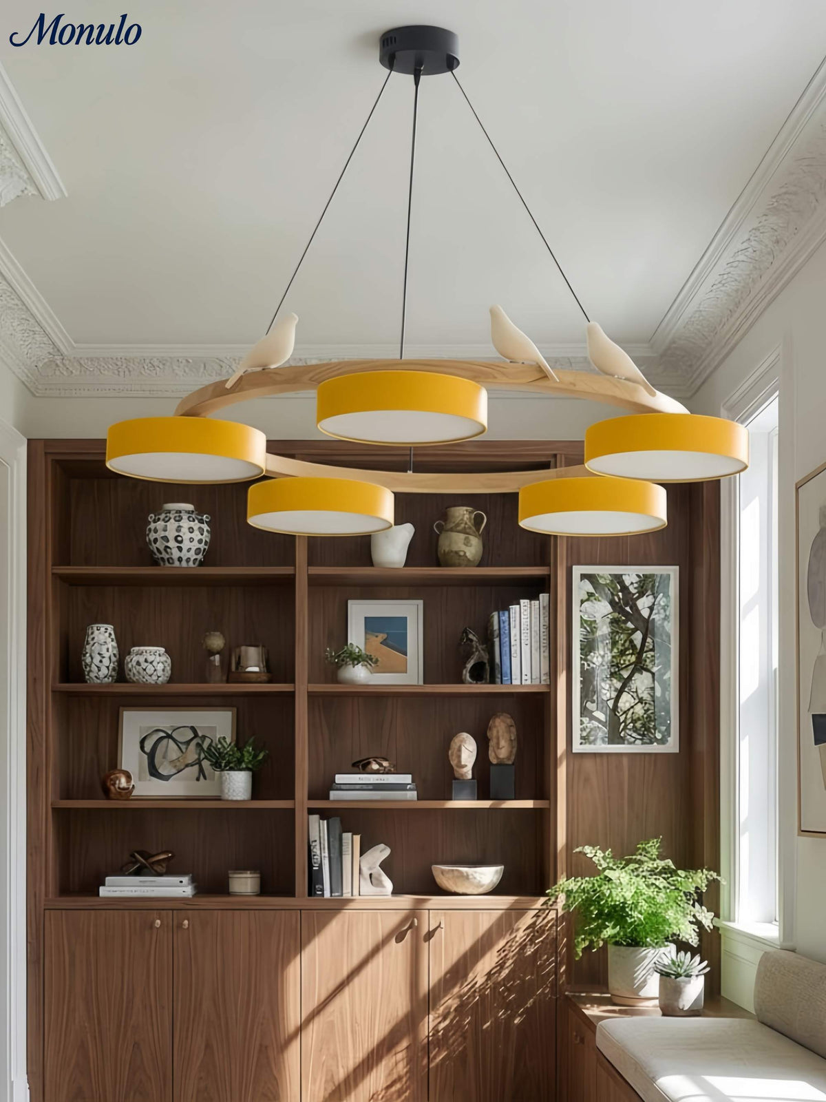 Moderne kreativ farverig lysekrone med cirkelformede fugle | Souliia